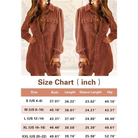 Women's Corduroy Long Sleeve Button-Down Tunic Dress with Pockets - Picture 6 of 7